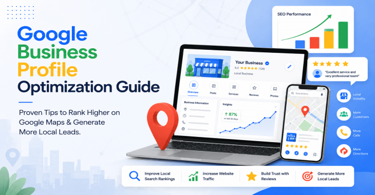 Google Business Profile Optimization Guide showing Google Maps ranking, customer reviews, and local SEO strategies