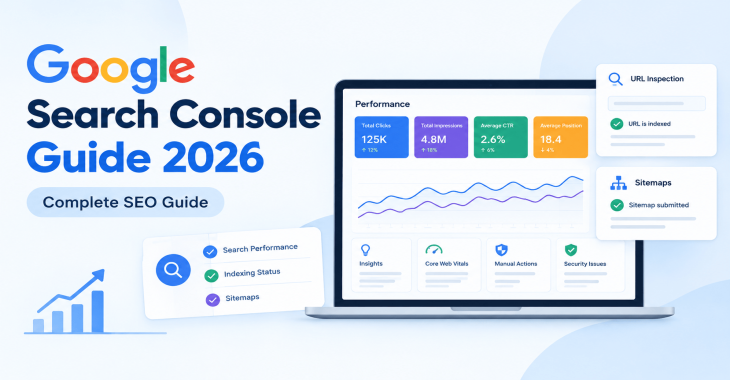 Google Search Console Guide showing SEO performance, indexing, URL inspection and sitemap reports